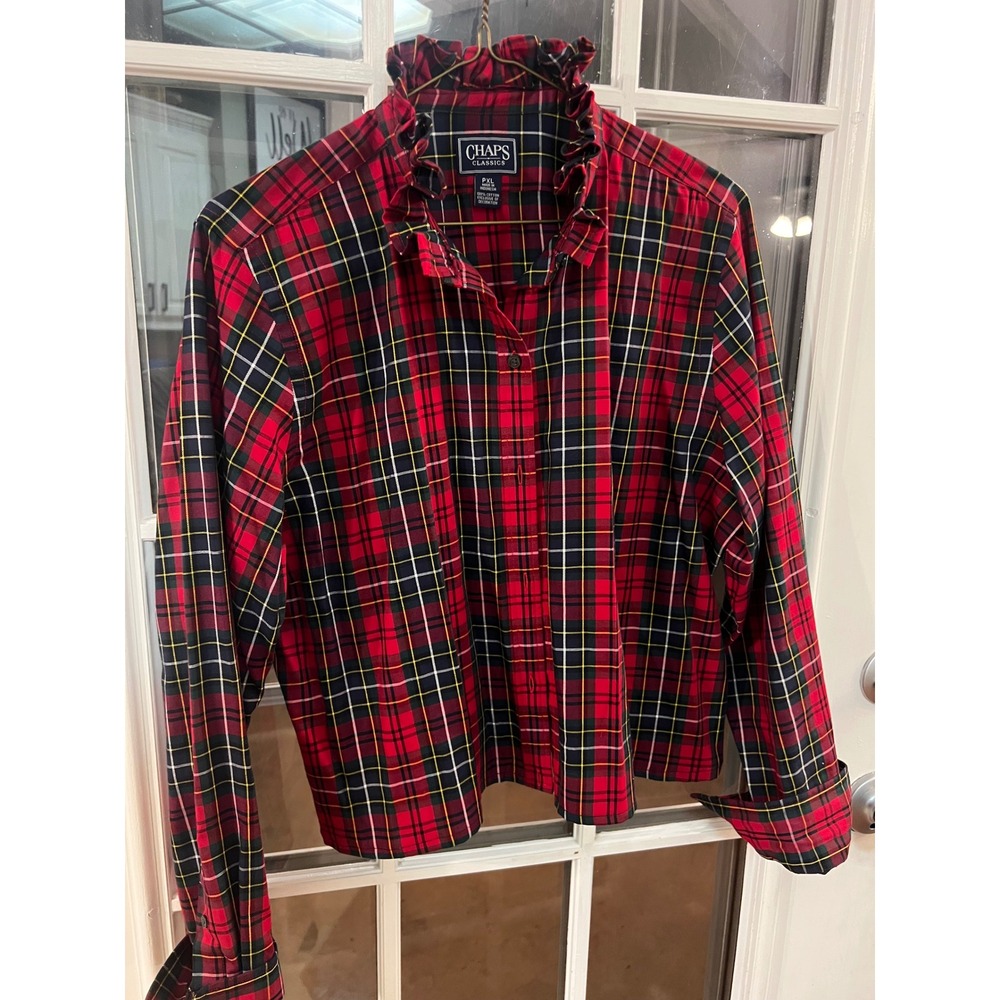 Upcycled Chaps Ruffled Plaid Top Womens PXL Red Button Down Long Sleeve - Picture 2 of 2